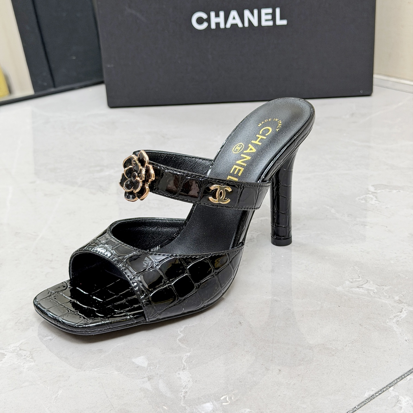 CHANEL Black Chain High Heel Mules