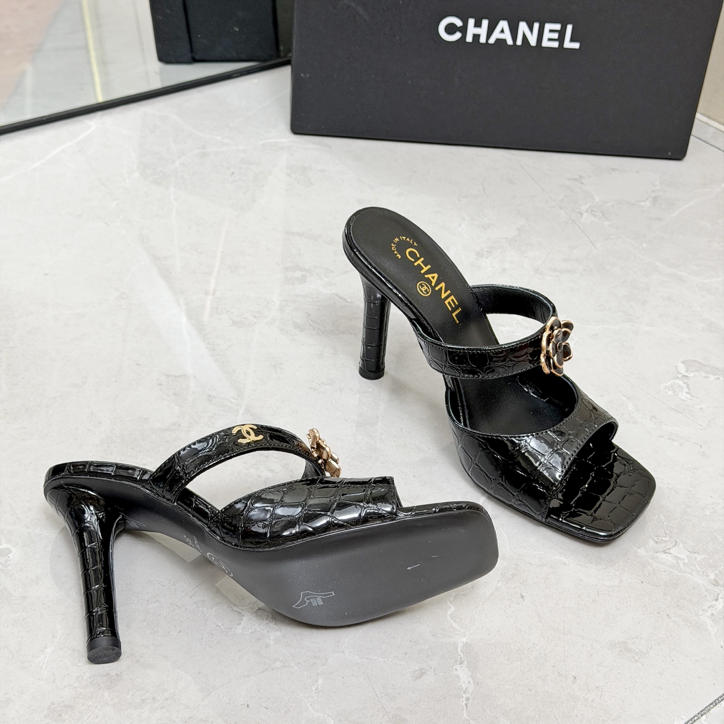 CHANEL Black Chain High Heel Mules