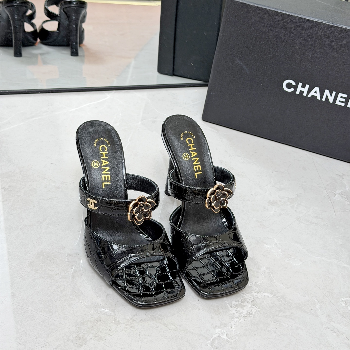 CHANEL Black Chain High Heel Mules