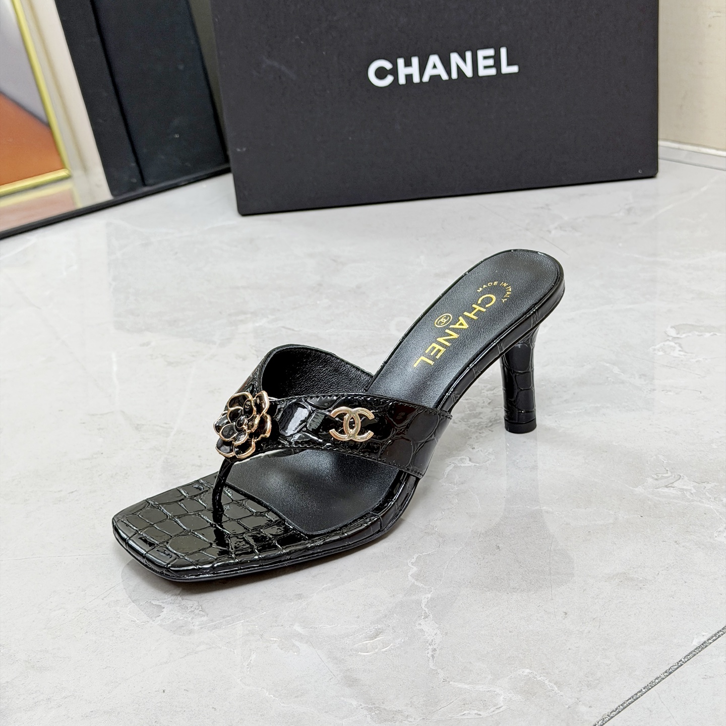 CHANEL Black Chain High Heel Mules