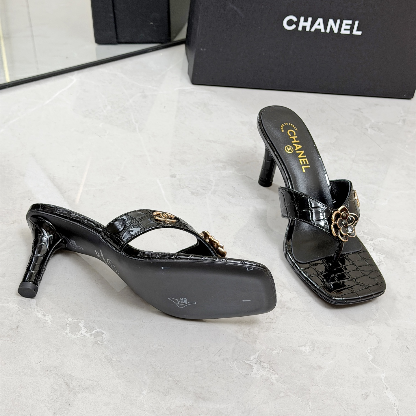 CHANEL Black Chain High Heel Mules