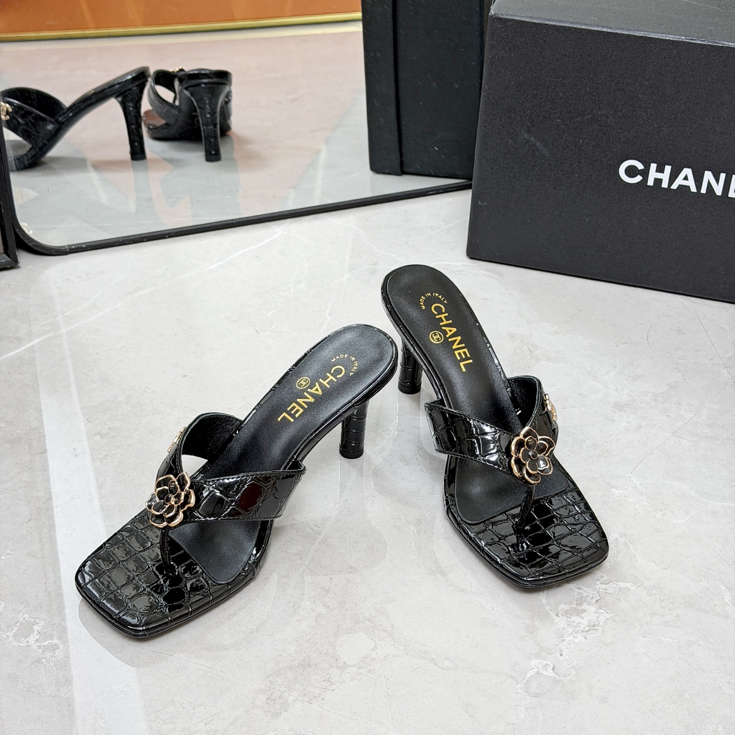 CHANEL Black Chain High Heel Mules