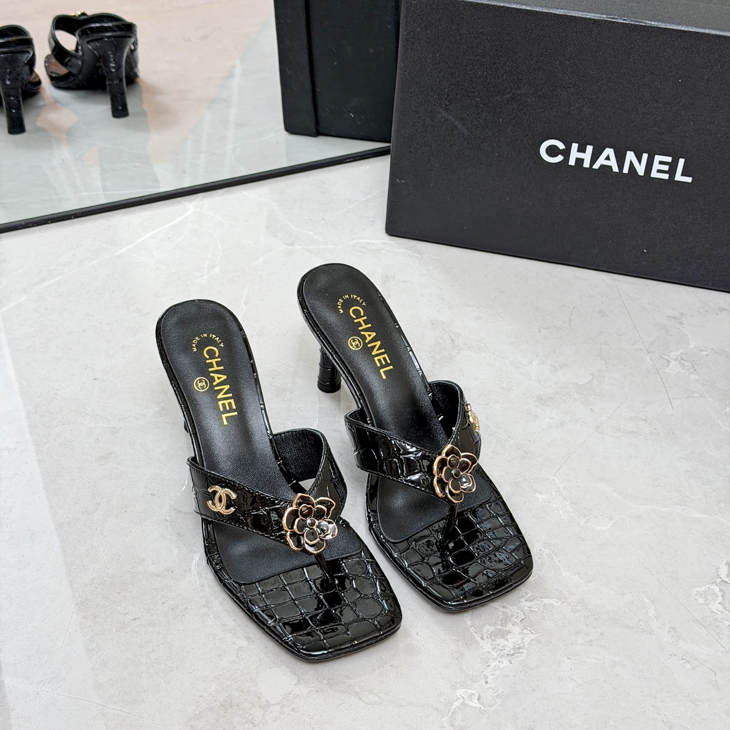 CHANEL Black Chain High Heel Mules