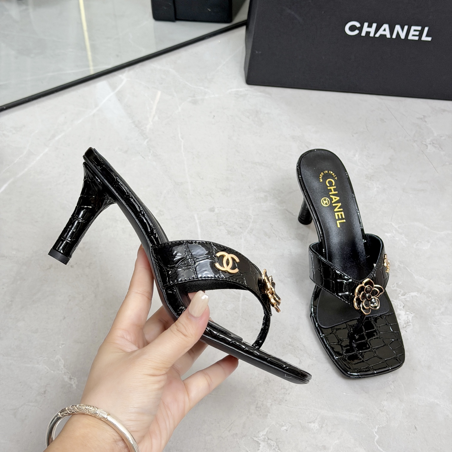 CHANEL Black Chain High Heel Mules