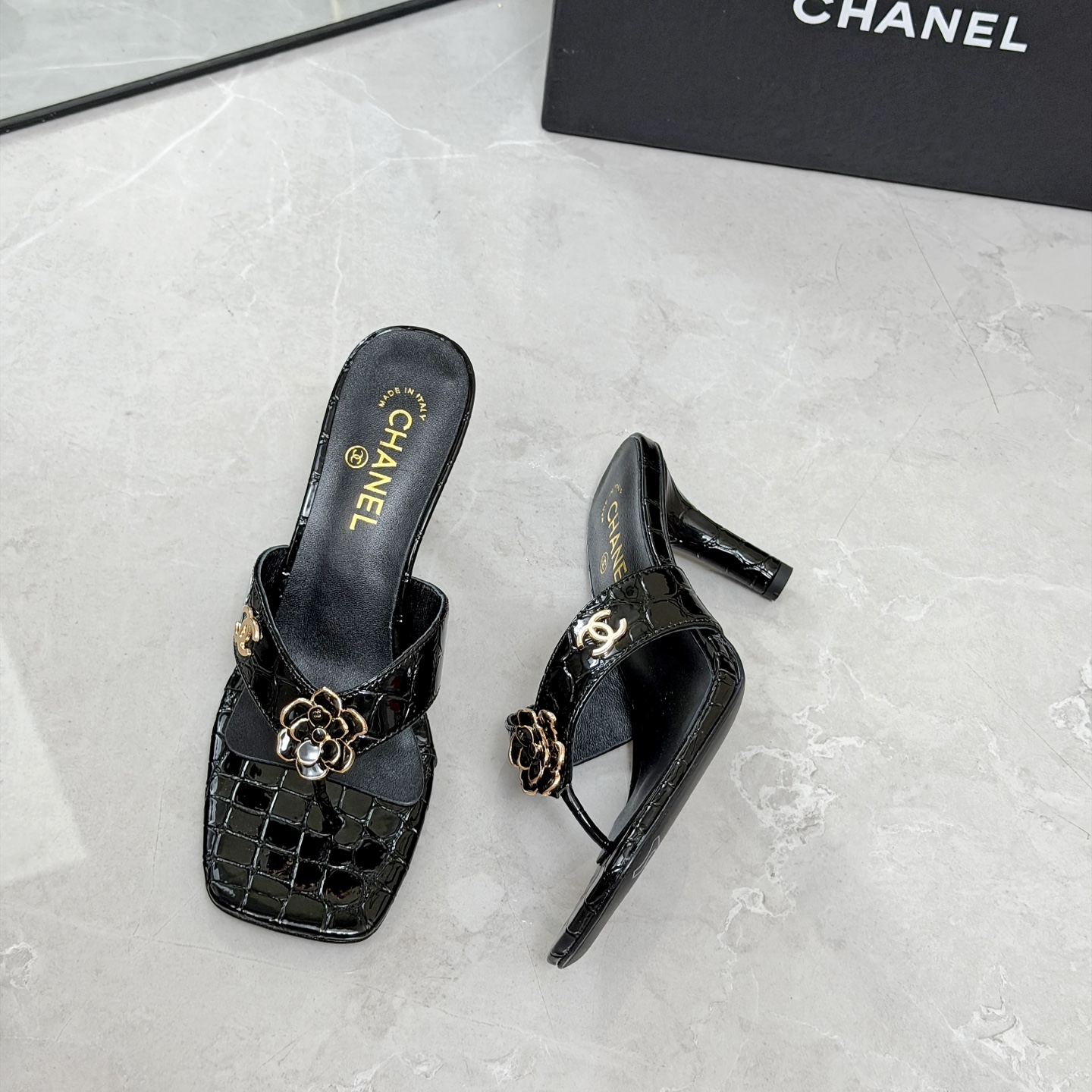CHANEL Black Chain High Heel Mules
