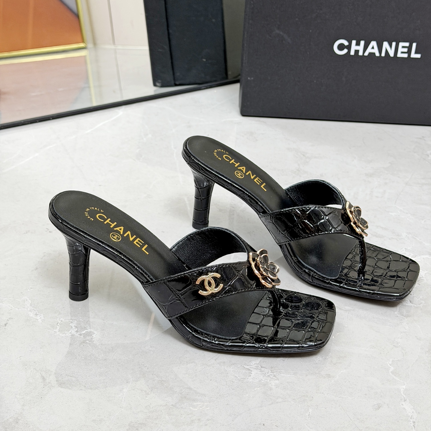 CHANEL Black Chain High Heel Mules