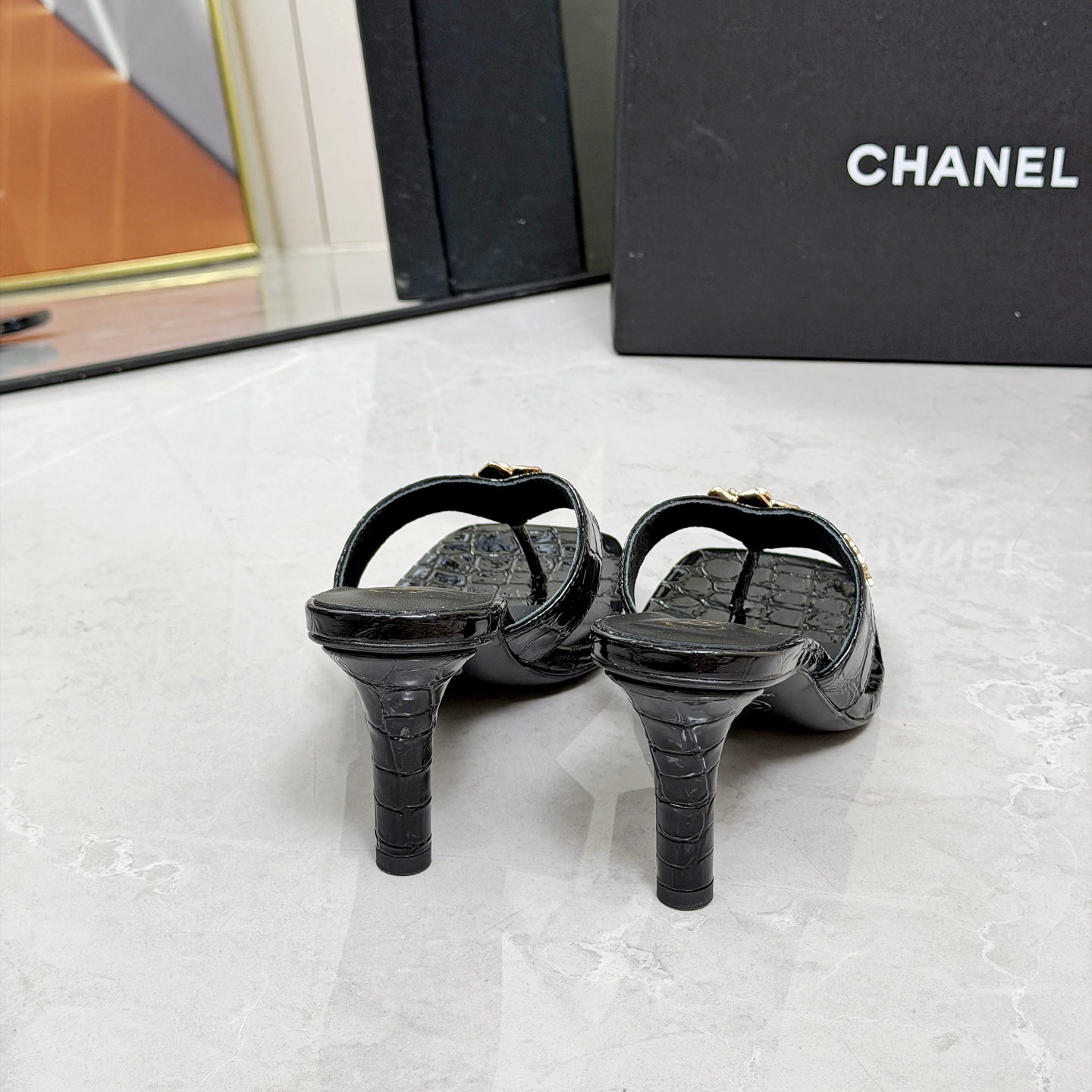CHANEL Black Chain High Heel Mules