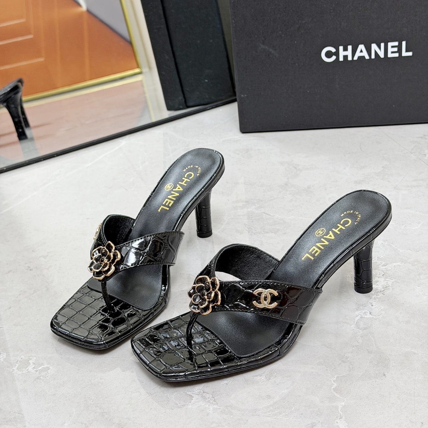 CHANEL Black Chain High Heel Mules