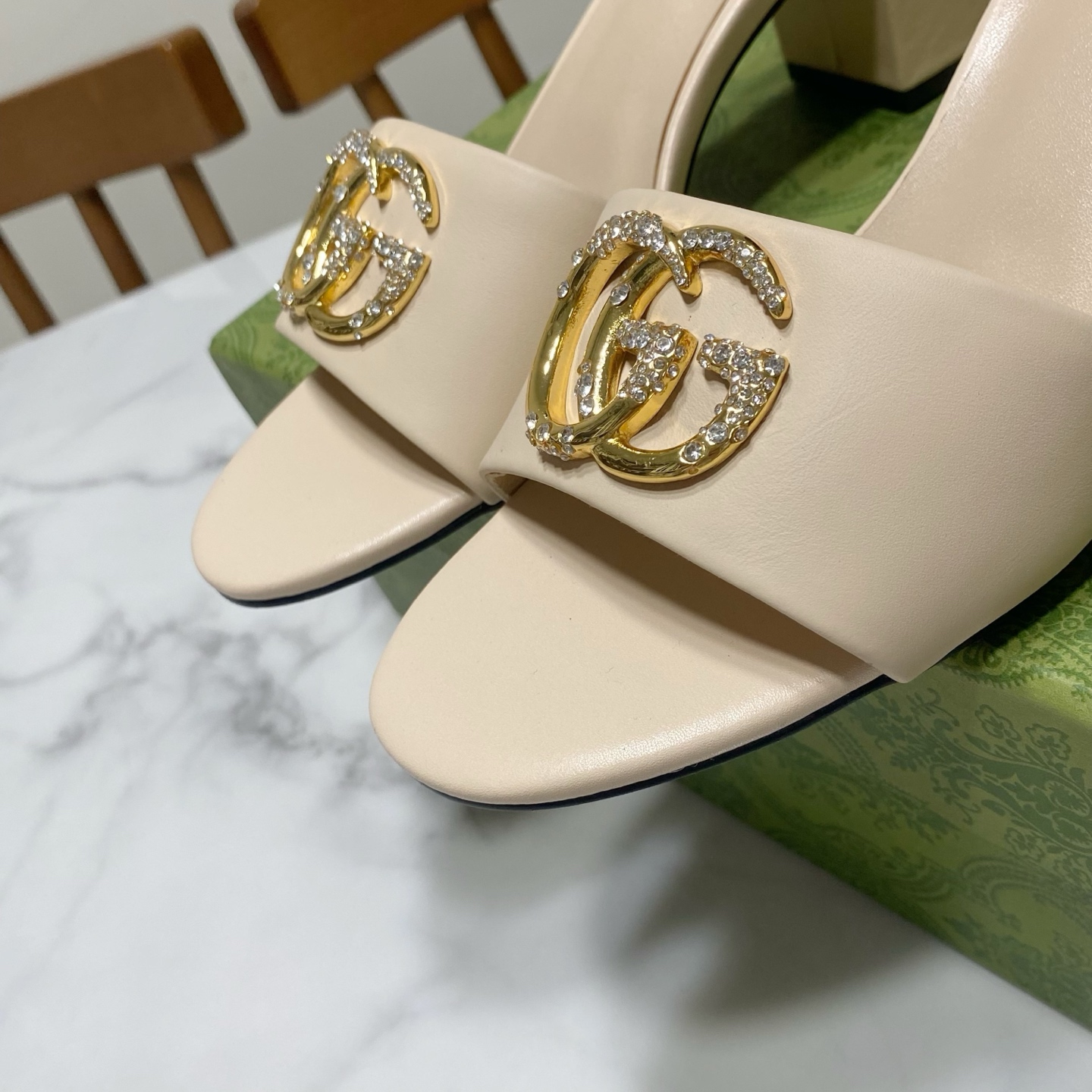 Gucci Women's Beige Leather Mules with Crystal GG Logo and Block Heel 8 i1736457462358 9208 0 6