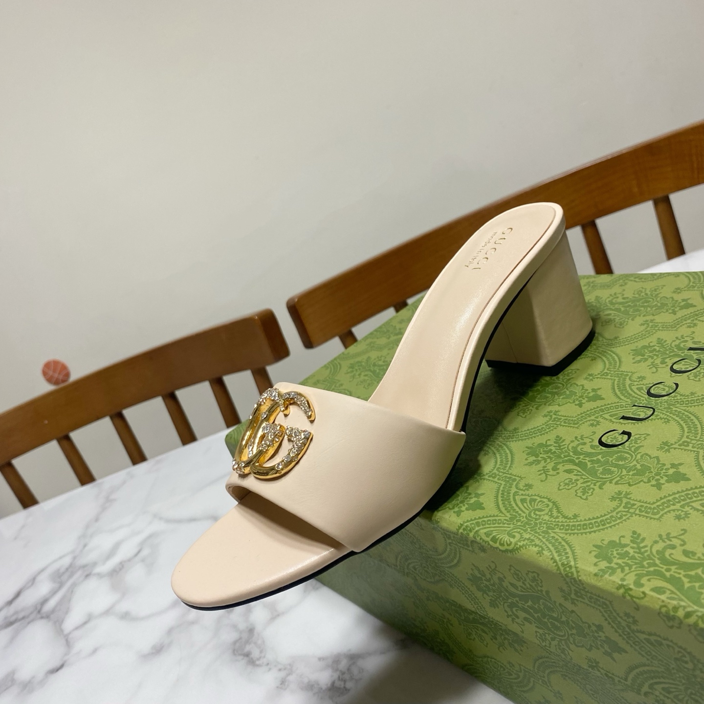 Gucci Women's Beige Leather Mules with Crystal GG Logo and Block Heel 2 i1736457462775 7464 0 3