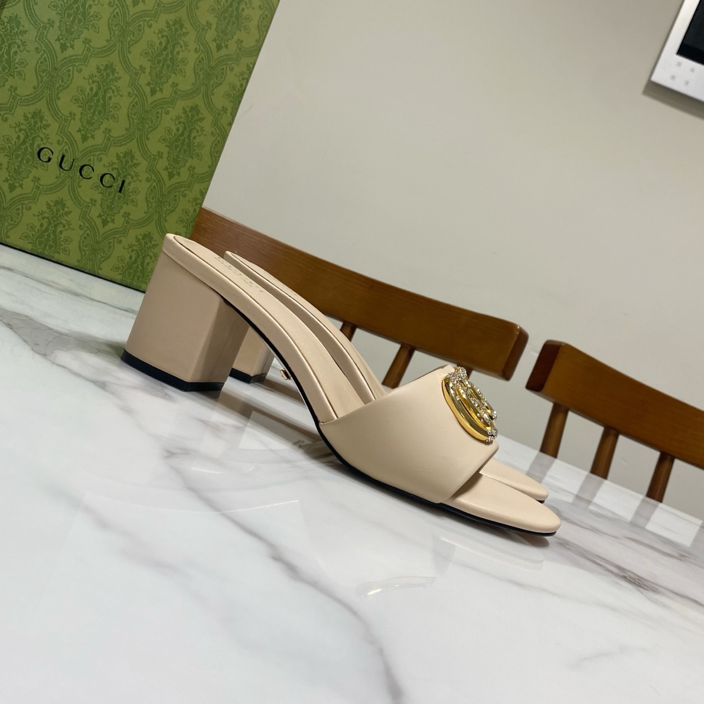 Gucci Women's Beige Leather Mules with Crystal GG Logo and Block Heel 4 i1736457462960 5997 0 1