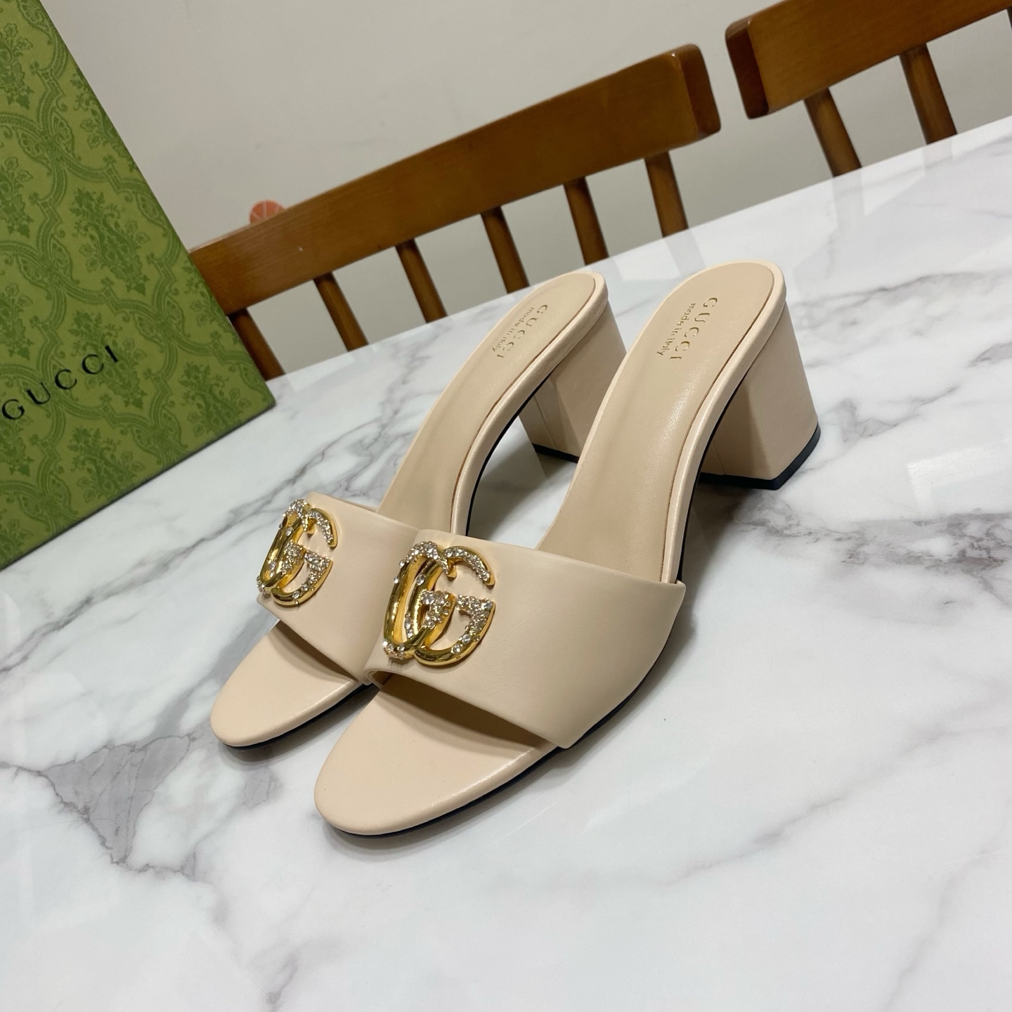 Gucci Women's Beige Leather Mules with Crystal GG Logo and Block Heel 3 i1736457463152 7644 0 0