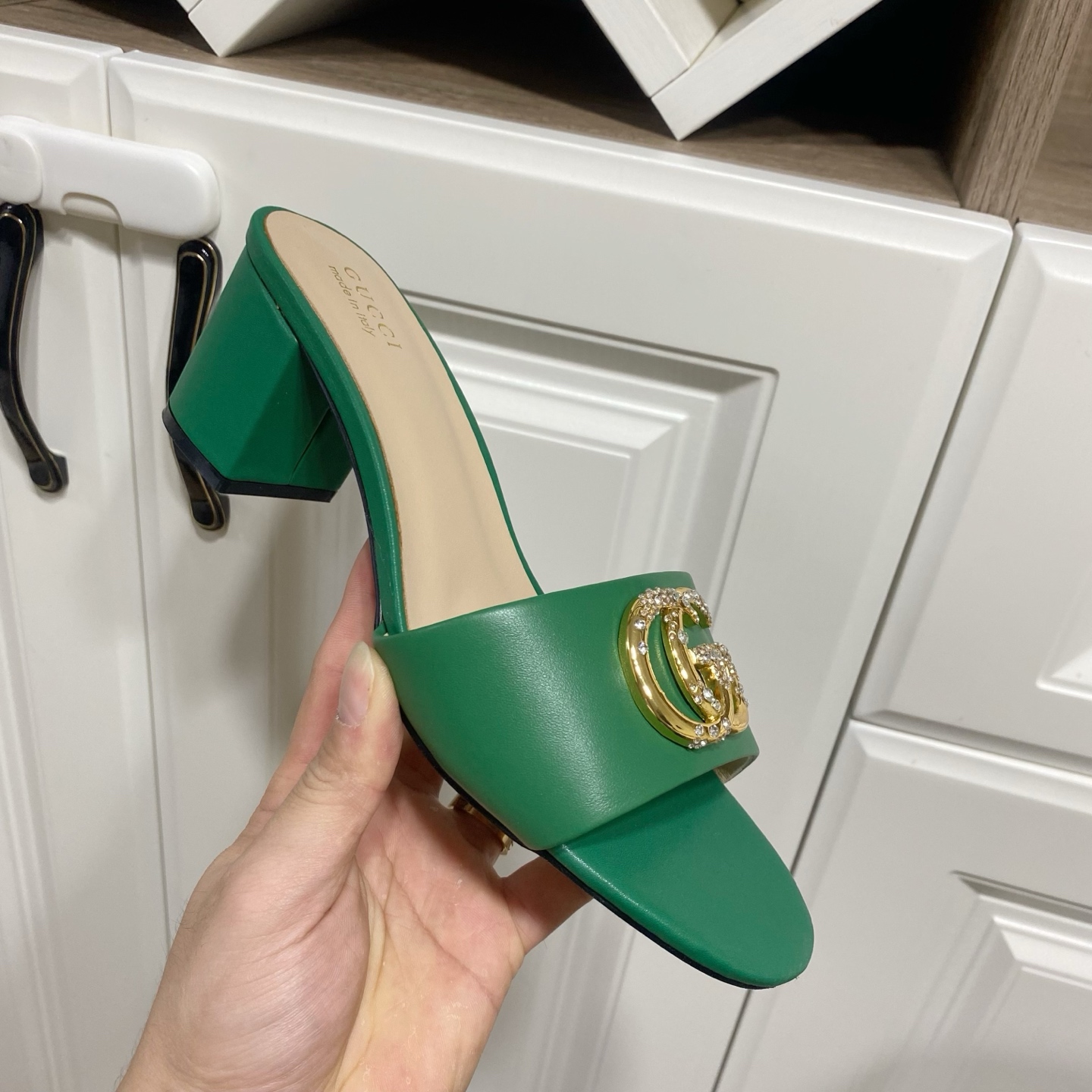Gucci Women's Green Leather Mules with Crystal GG - Heel Height 6 cm 7 i1736457492077 7523 0 5