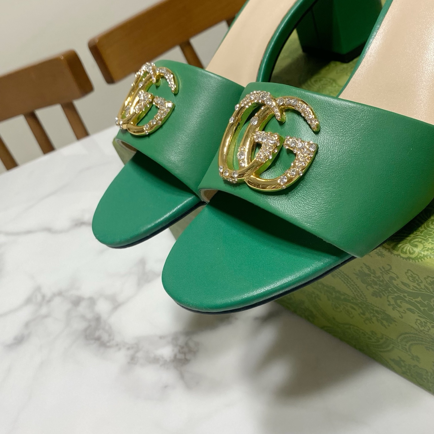 Gucci Women's Green Leather Mules with Crystal GG - Heel Height 6 cm 8 i1736457492265 9582 0 6