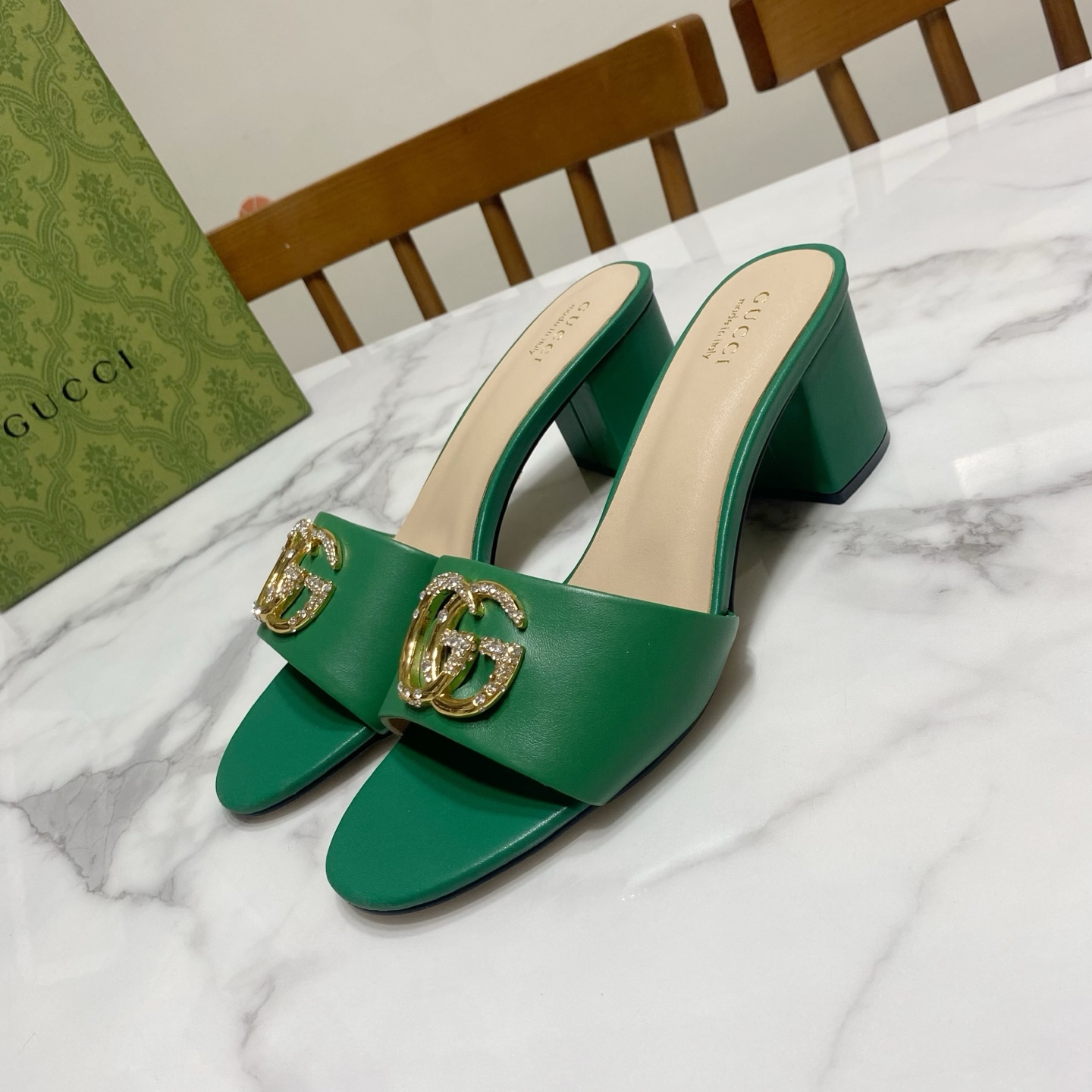 Gucci Women's Green Leather Mules with Crystal GG - Heel Height 6 cm 3 i1736457492464 1246 0 0