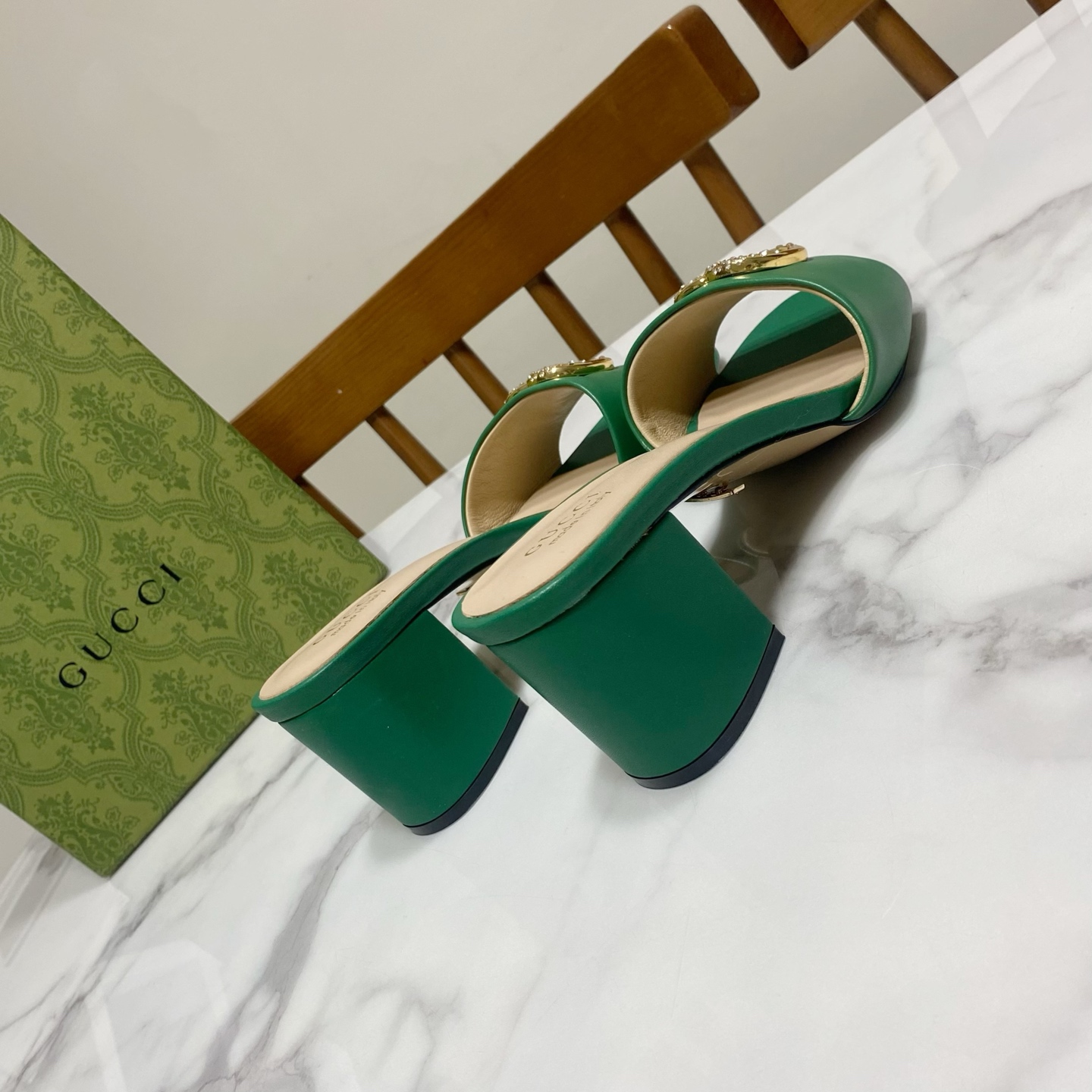 Gucci Women's Green Leather Mules with Crystal GG - Heel Height 6 cm 5 i1736457492689 9721 0 2