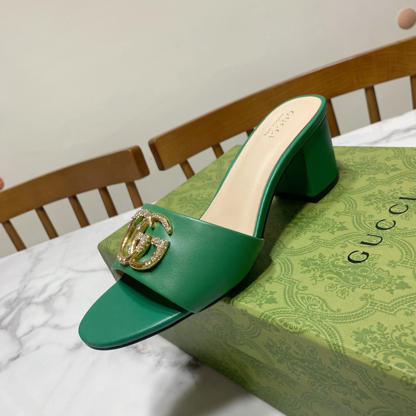 Gucci Women's Green Leather Mules with Crystal GG - Heel Height 6 cm 1 Gucci Women's Green Leather Mules with Crystal GG - Heel Height 6 cm