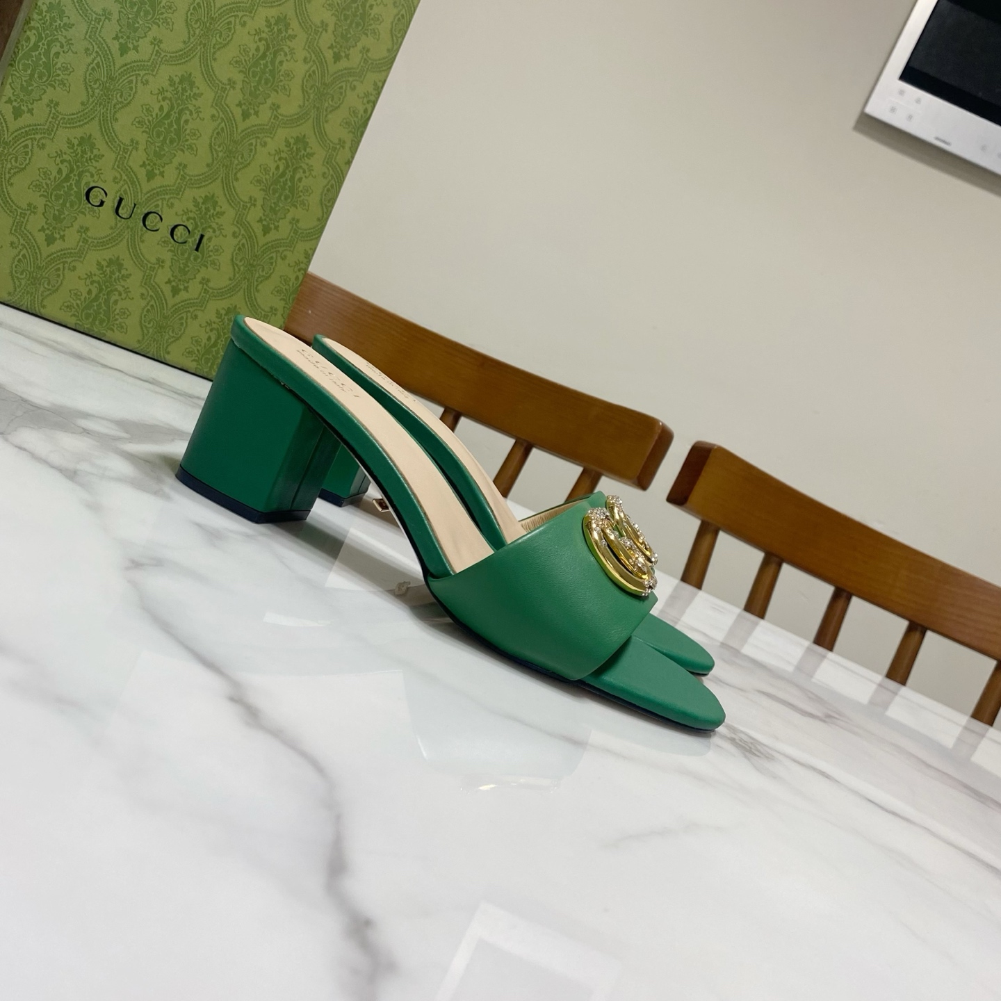 Gucci Women's Green Leather Mules with Crystal GG - Heel Height 6 cm 4 i1736457493086 6277 0 1