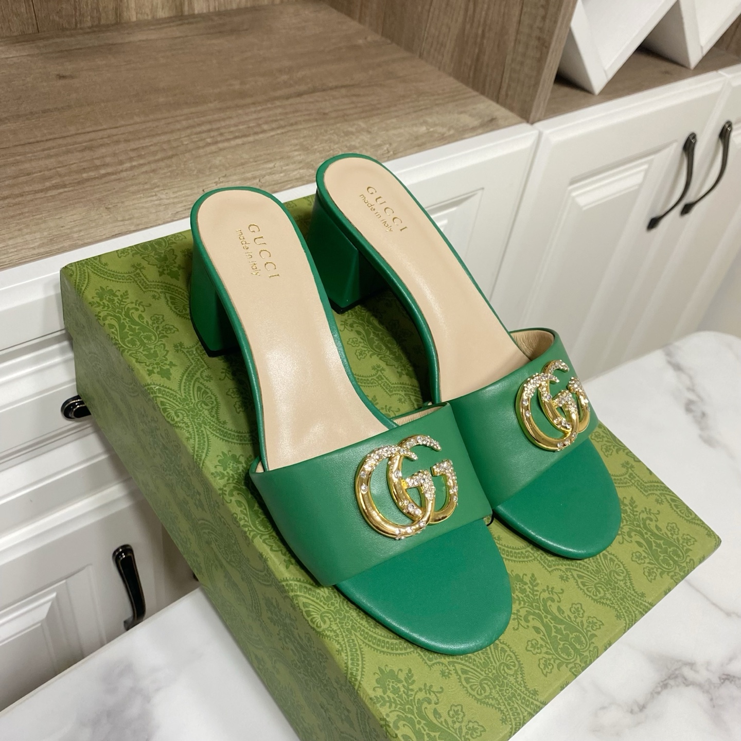 Gucci Women's Green Leather Mules with Crystal GG - Heel Height 6 cm 9 i1736457493260 7693 0 7