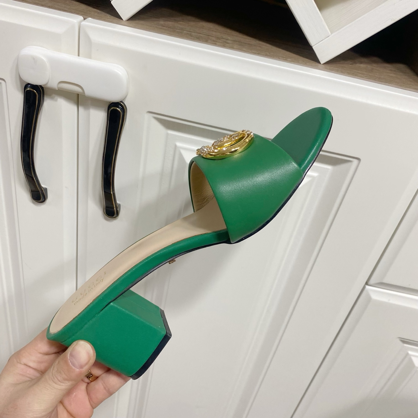 Gucci Women's Green Leather Mules with Crystal GG - Heel Height 6 cm 10 i1736457493454 2283 0 8