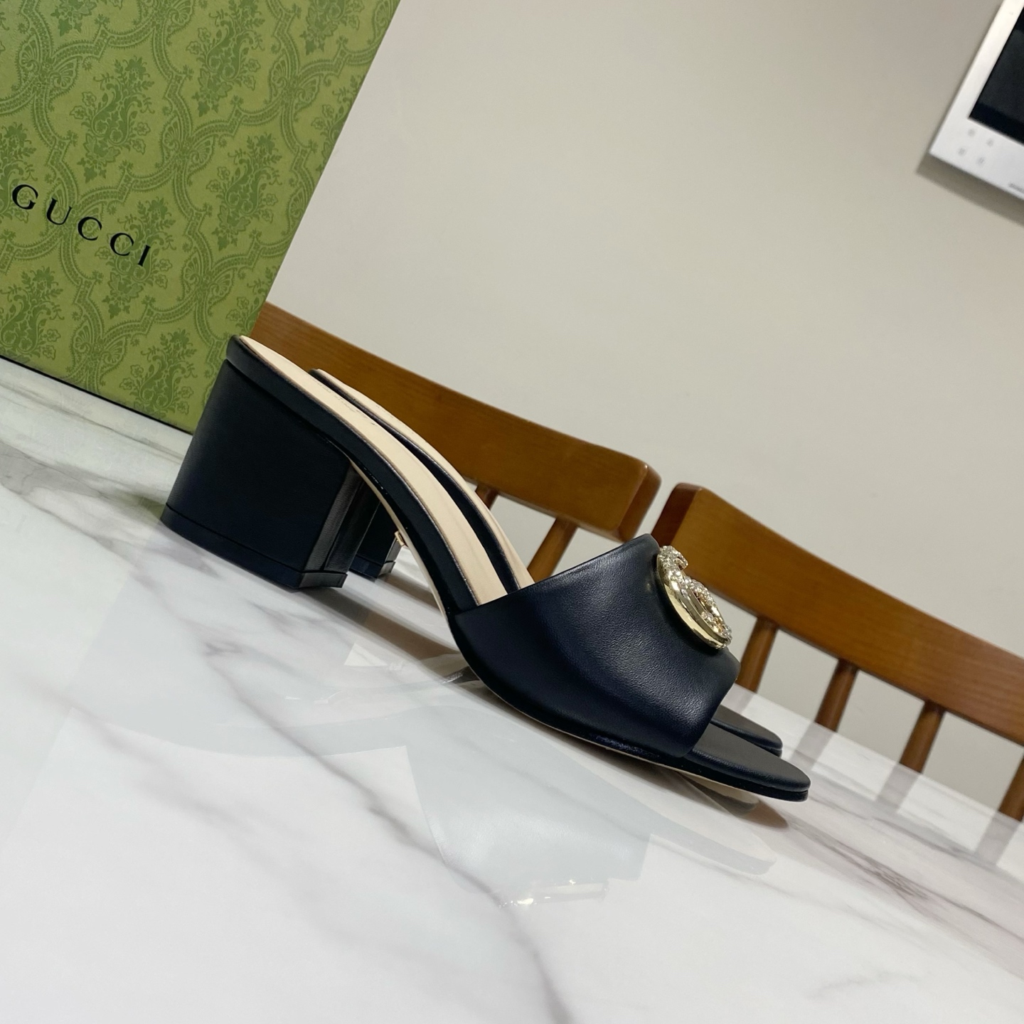 Gucci Women's Black Leather Heeled Sandals with Crystal GG Logo 4 i1738477184048 4854 0 1