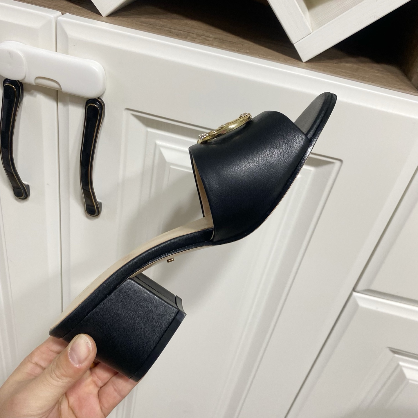 Gucci Women's Black Leather Heeled Sandals with Crystal GG Logo 10 i1738477184072 2188 0 8