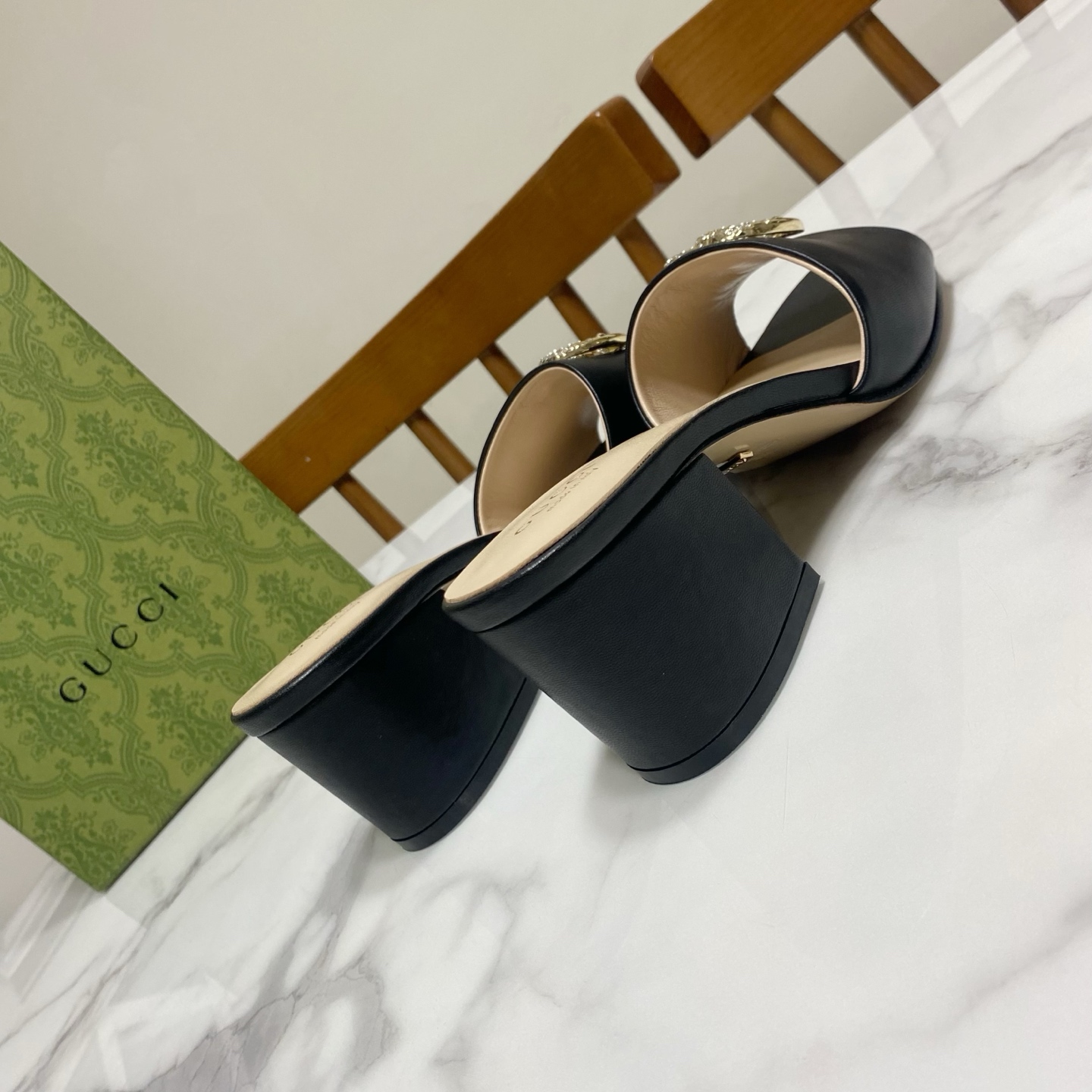 Gucci Women's Black Leather Heeled Sandals with Crystal GG Logo 5 i1738477184072 9640 0 2