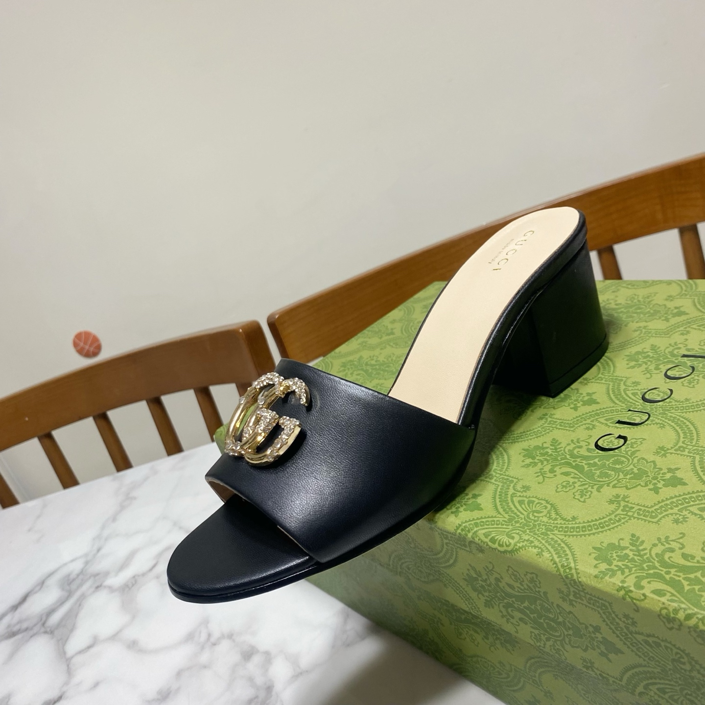 Gucci Women's Black Leather Heeled Sandals with Crystal GG Logo 2 i1738477184099 426 0 3