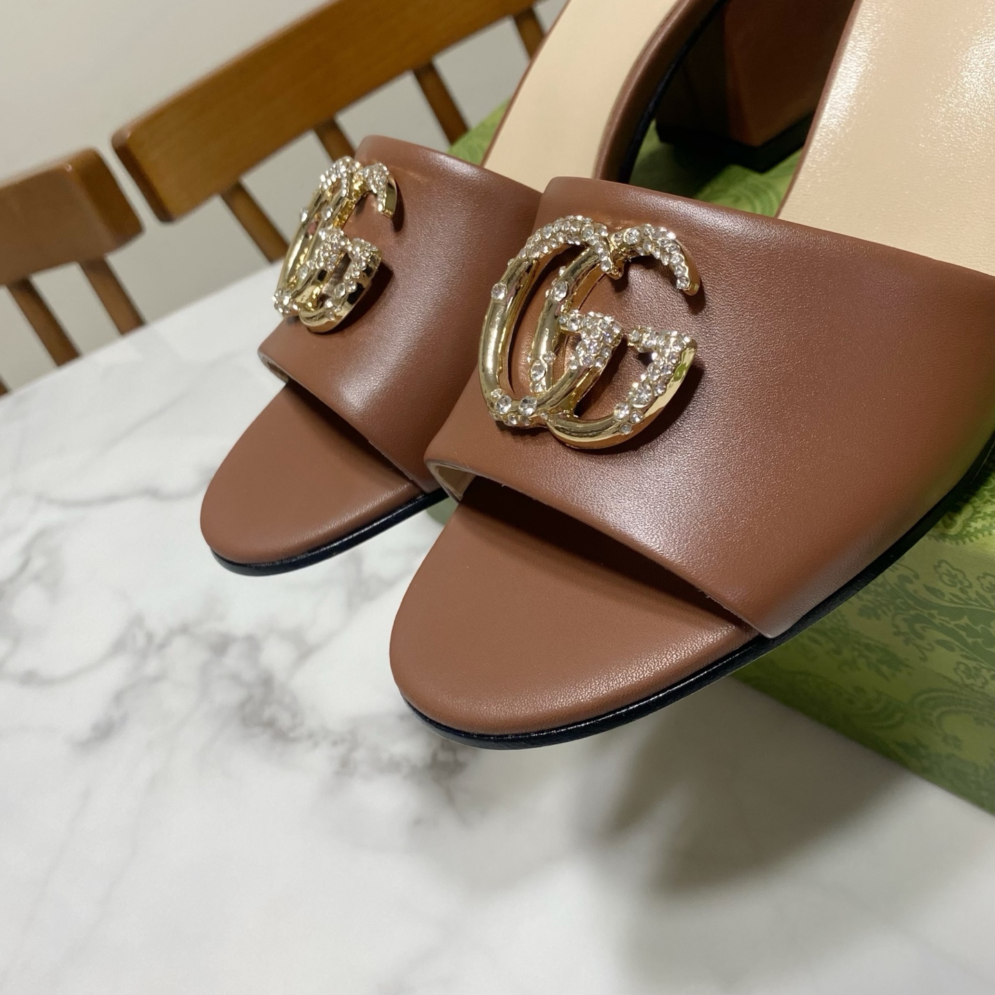 Gucci Women's Brown Leather Mules with Crystal GG Hardware, 6CM Heel 8 i1738477196349 1754 0 6