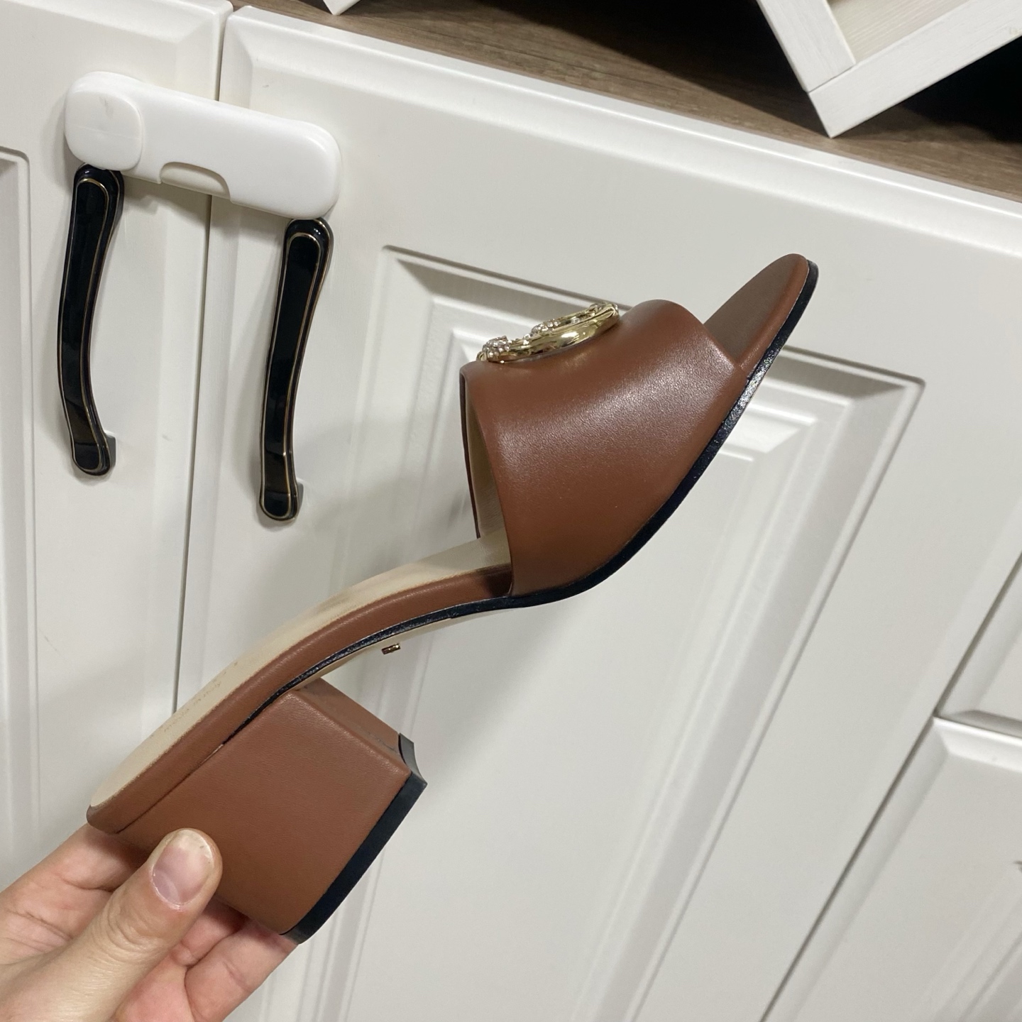 Gucci Women's Brown Leather Mules with Crystal GG Hardware, 6CM Heel 10 i1738477196377 2780 0 8