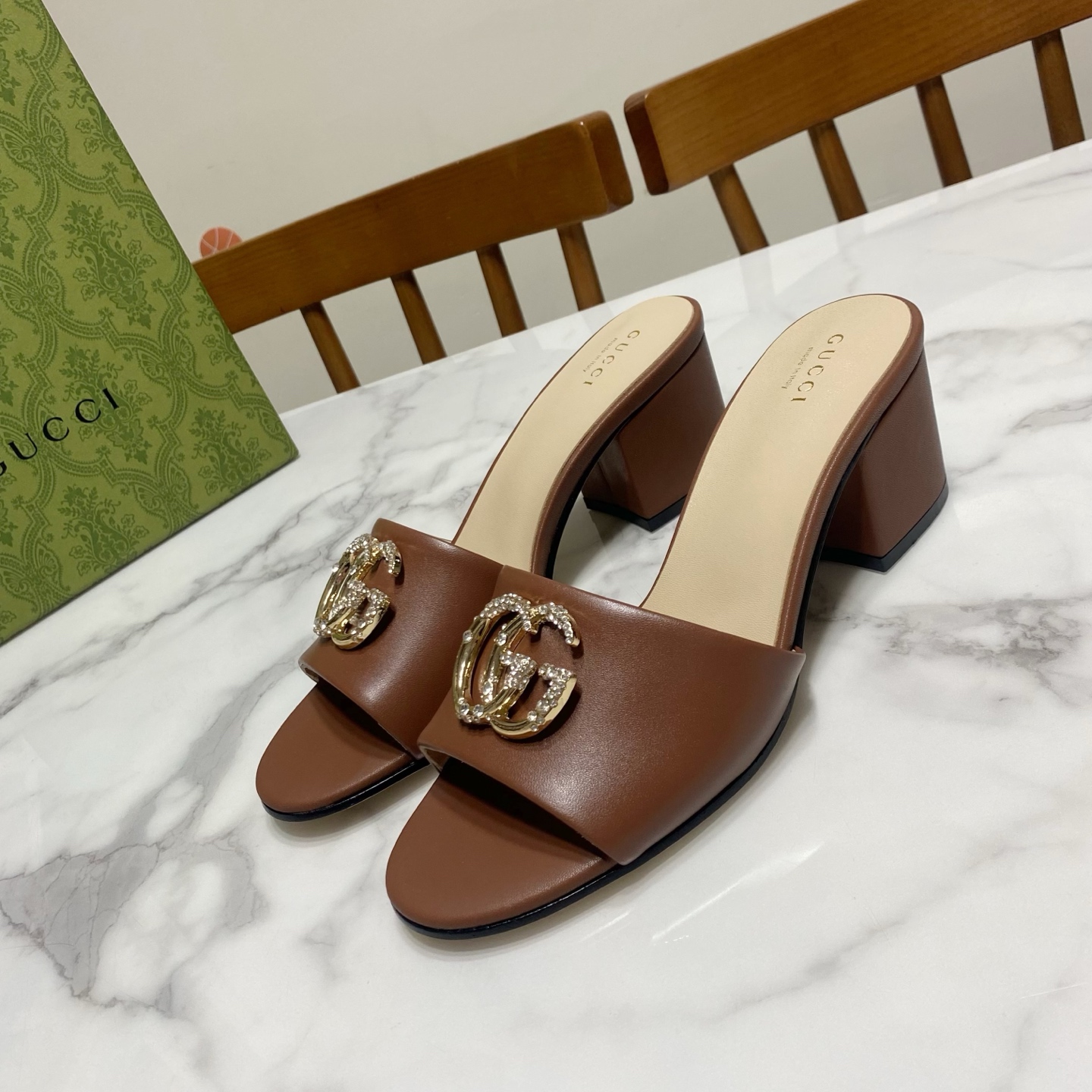 Gucci Women's Brown Leather Mules with Crystal GG Hardware, 6CM Heel 3 i1738477196391 5000 0 0