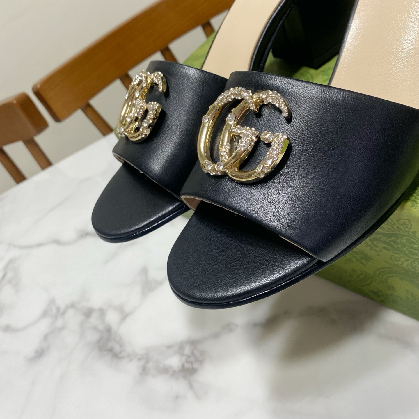 Gucci Women's Black Leather Heeled Sandals with Crystal GG Logo 7 i1738477211953 1525 0 5