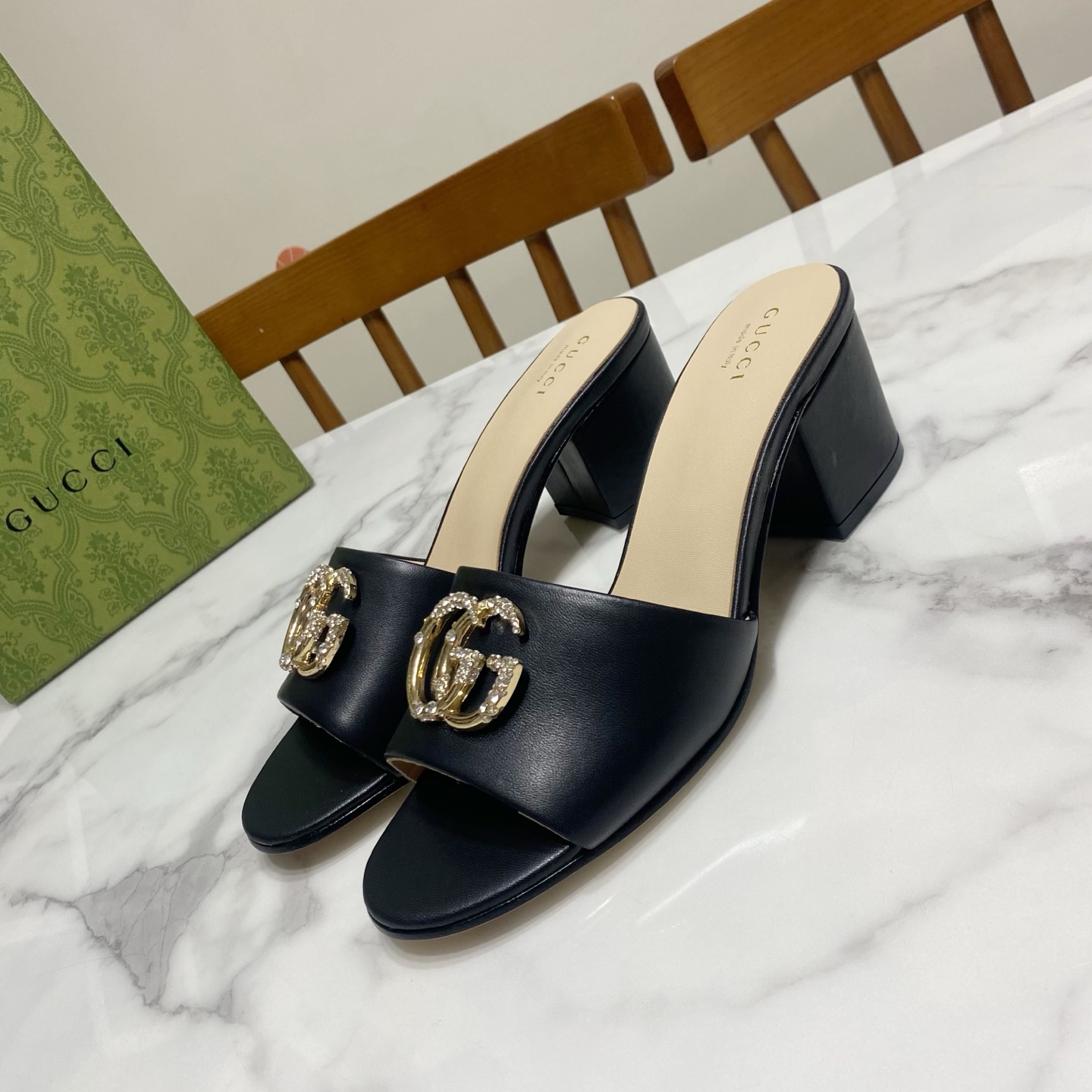 Gucci Women's Black Leather Heeled Sandals with Crystal GG Logo 3 i1738477211955 6066 0 0