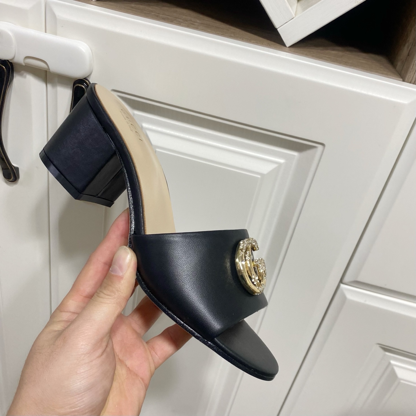 Gucci Women's Black Leather Heeled Sandals with Crystal GG Logo 6 i1738477211990 4409 0 4