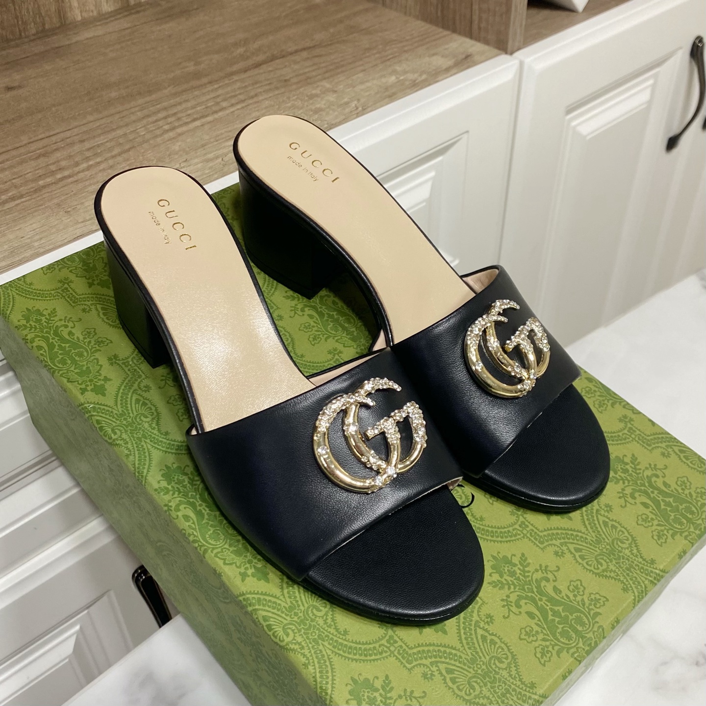 Gucci Women's Black Leather Heeled Sandals with Crystal GG Logo 8 i1738477211997 5973 0 6