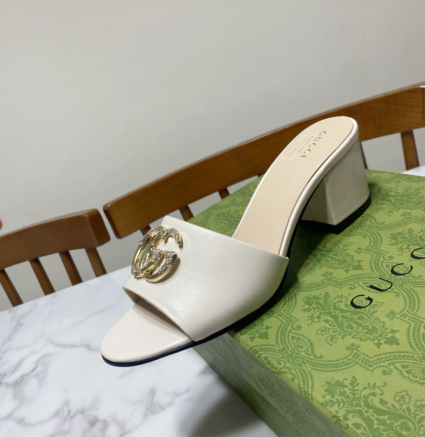 Gucci Women's Leather Heeled Sandals with Diamanté GG Detail 1 Gucci Women's Leather Heeled Sandals with Diamanté GG Detail