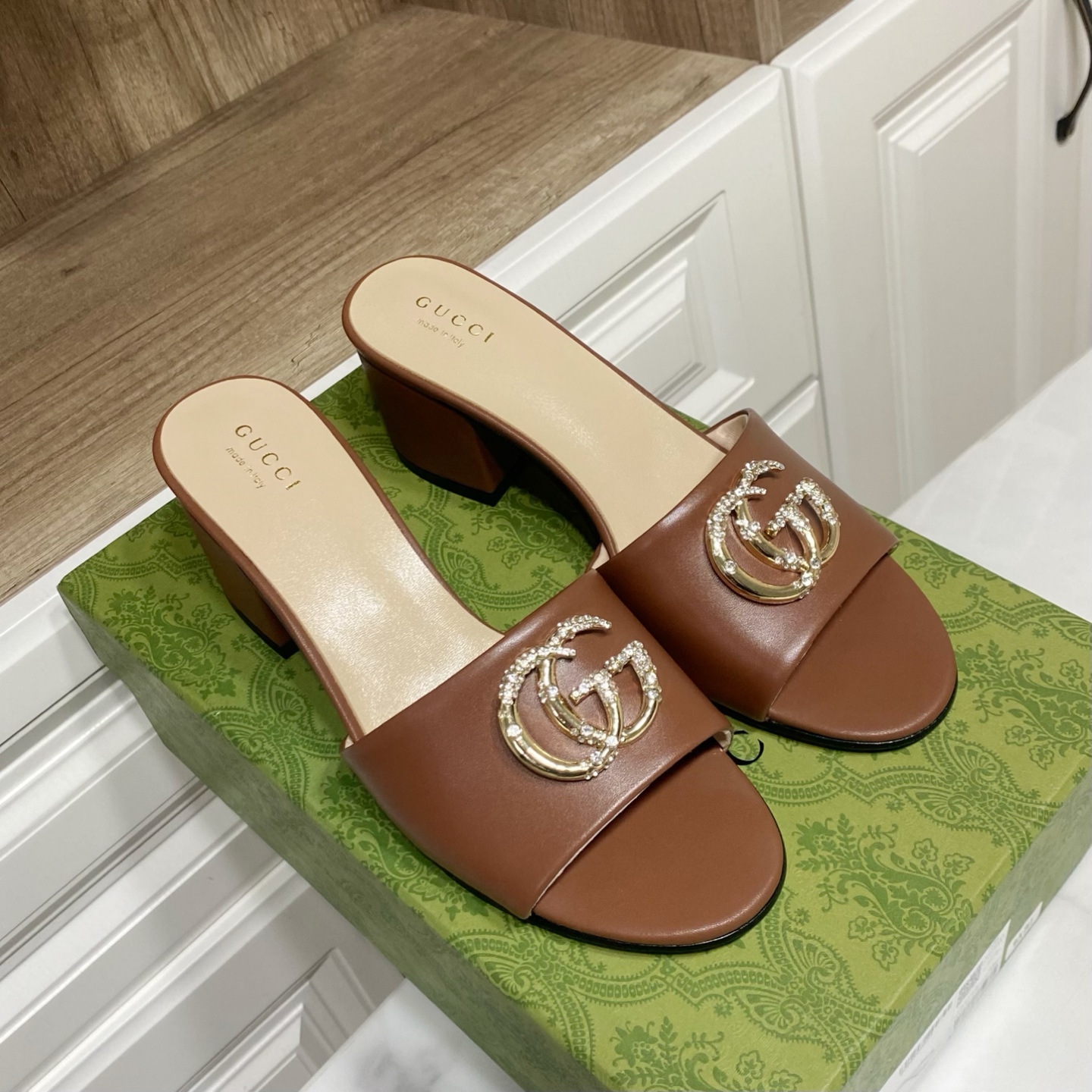 Gucci Women's Brown Leather Mules with Crystal GG Hardware, 6CM Heel 9 i1738477239708 6694 0 7
