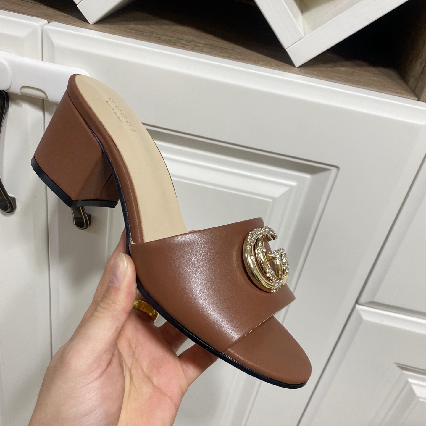 Gucci Women's Brown Leather Mules with Crystal GG Hardware, 6CM Heel 7 i1738477239747 9577 0 5