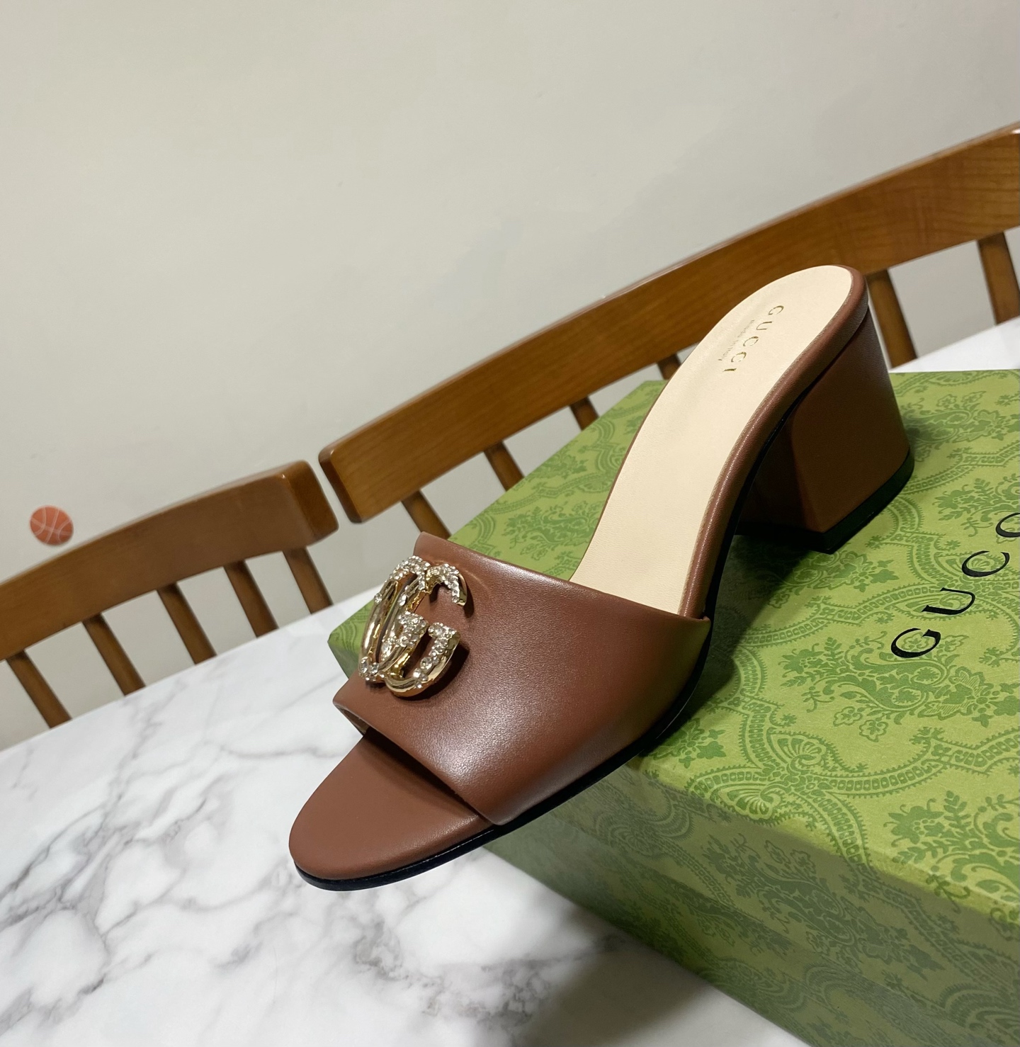 Gucci Women's Brown Leather Mules with Crystal GG Hardware, 6CM Heel 1 Gucci Women's Brown Leather Mules with Crystal GG Hardware, 6CM Heel