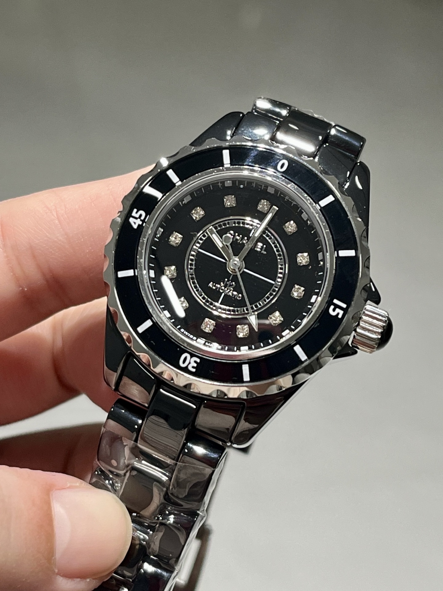 Chanel J12 33mm black ceramic case and bracelet, black bezel, black dial, diamond markers 33mm Women's Automatic