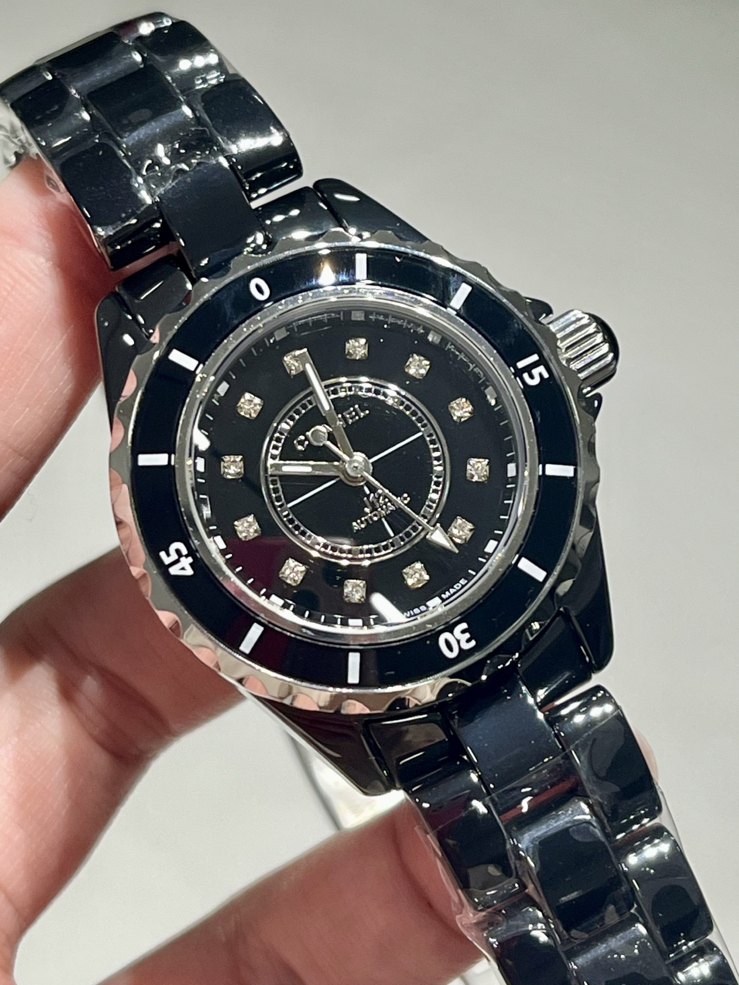 Chanel J12 33mm black ceramic case and bracelet, black bezel, black dial, diamond markers 33mm Women's Automatic