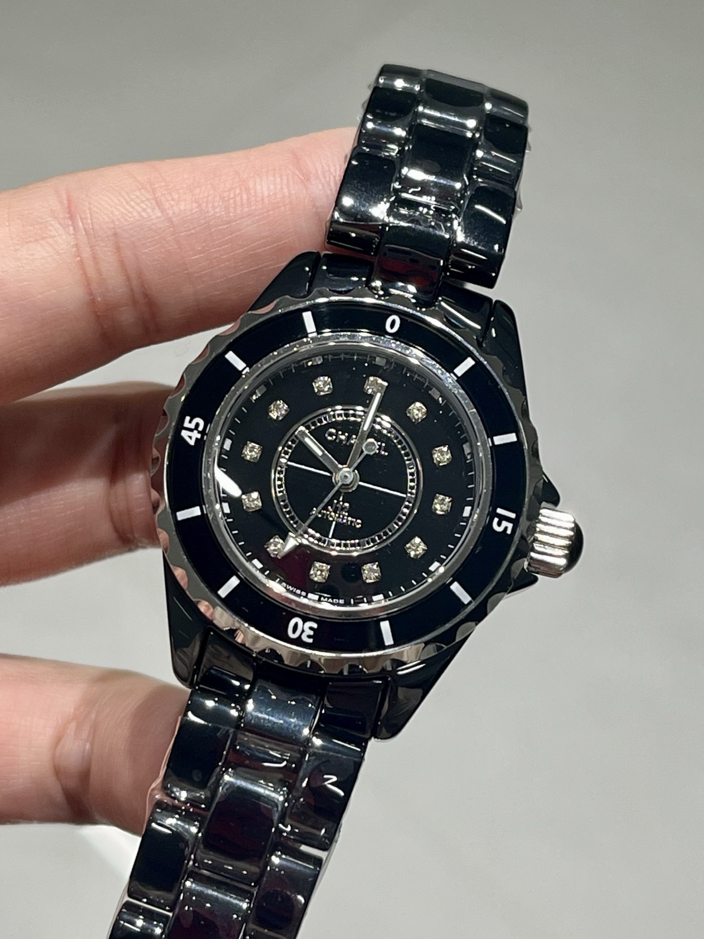 Chanel J12 33mm black ceramic case and bracelet, black bezel, black dial, diamond markers 33mm Women's Automatic