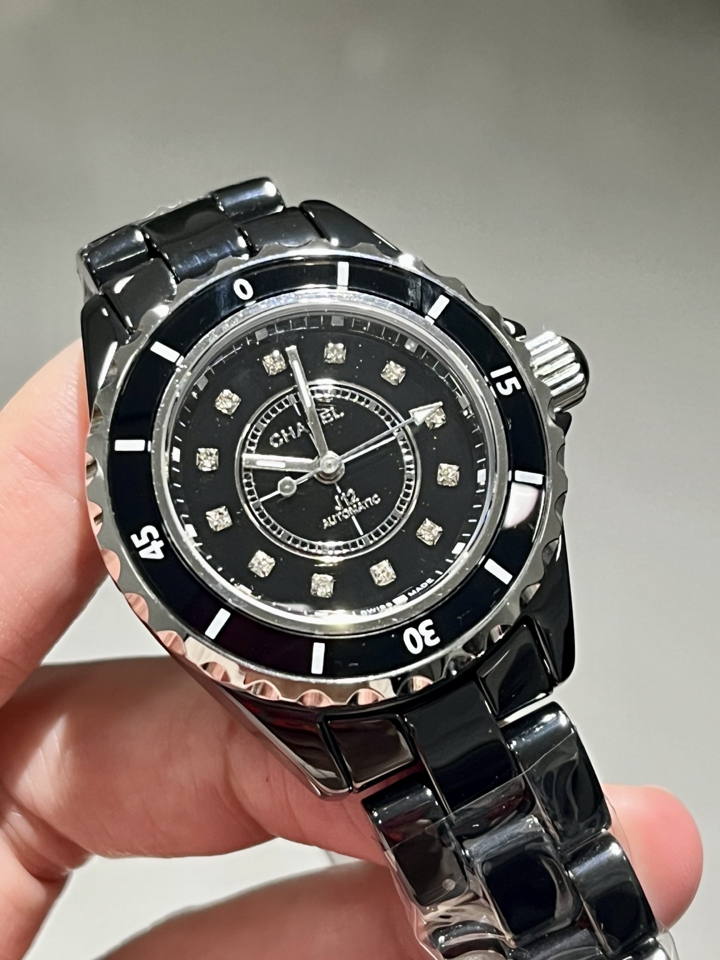 Chanel J12 33mm black ceramic case and bracelet, black bezel, black dial, diamond markers 33mm Women's Automatic