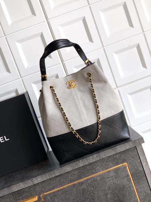 CHANEL 25A Series Vertical Tote Bag - Gray Suede & Black Leather Design 1 CHANEL 25A Series Vertical Tote Bag - Gray Suede & Black Leather Design