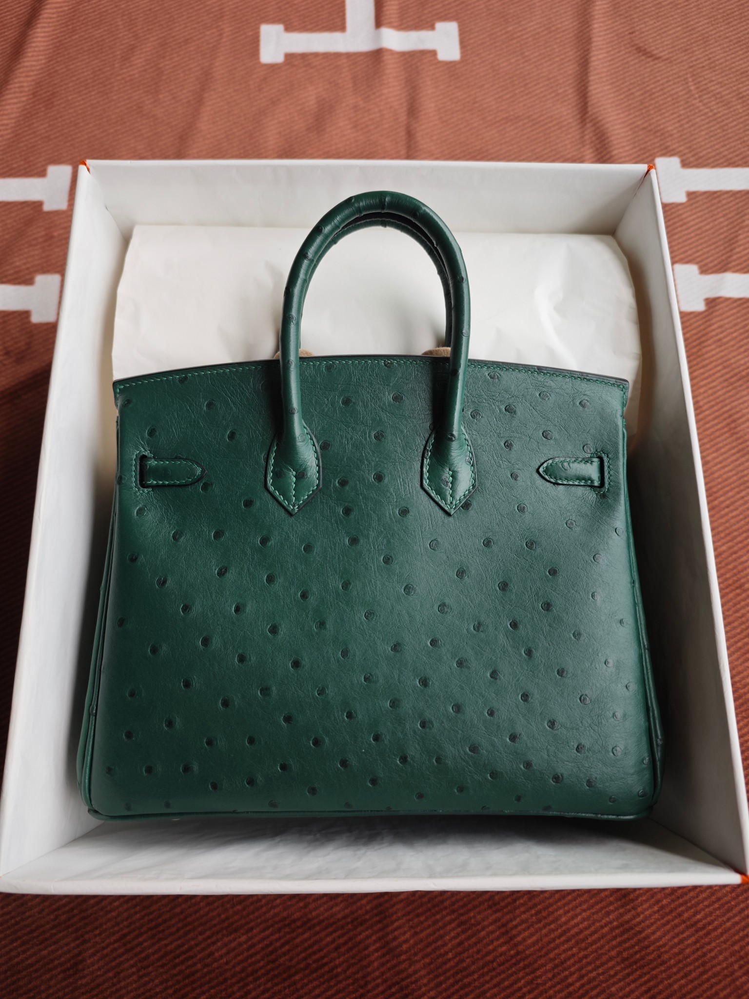 Birkin25 孔雀绿鸵鸟皮 金扣
一手工缝制