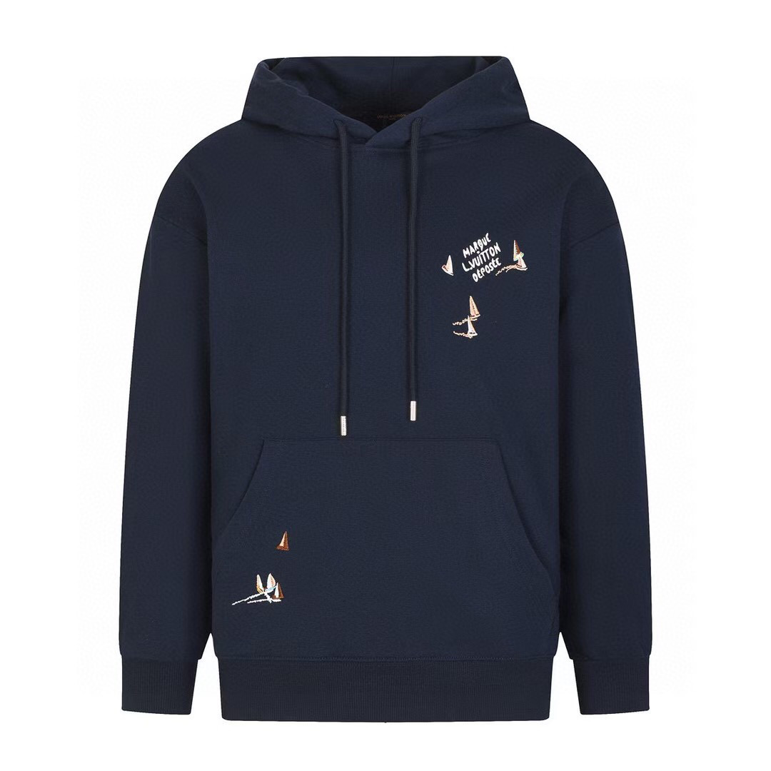 Louis Vuitton Men's/Women's Navy Blue Embroidered Sailboat Hoodie - Unisex