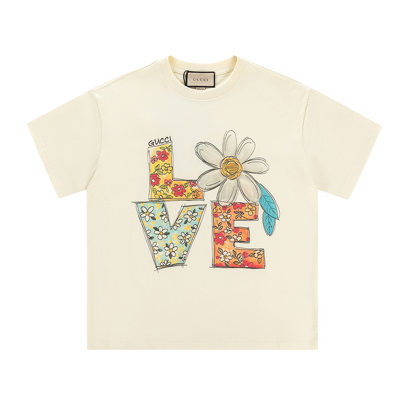 Gucci Women's Ivory Cotton Jersey T-Shirt with Floral 'Love' Print