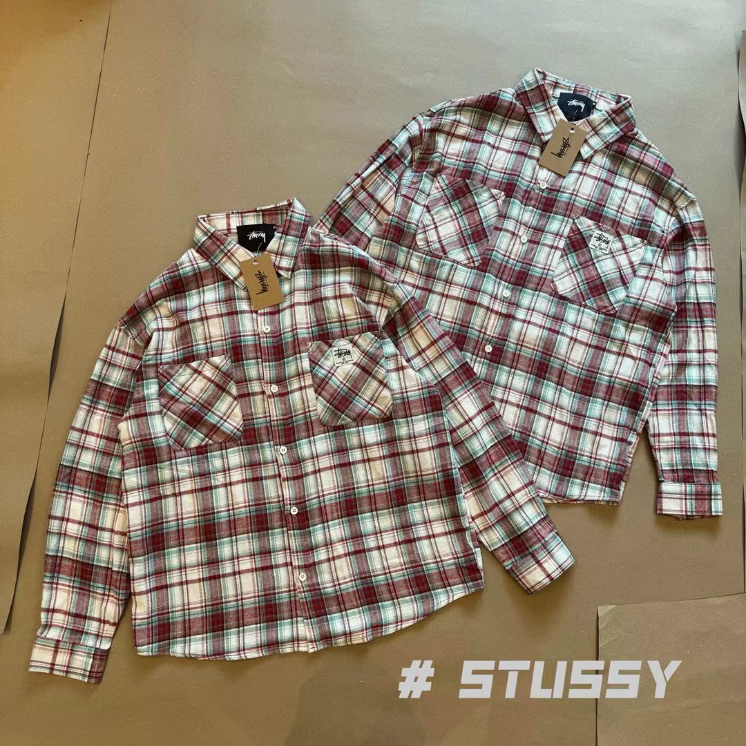 Stucie StUSSY Red Cotton Etchings Shirt with Long Sleeves in Sizes M-XL