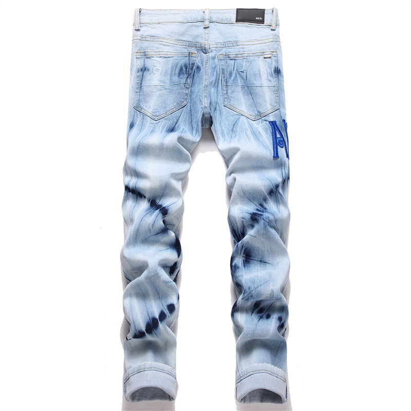 Autonomous AMIRI Embroidery Jeans: Hand-Coded Logo Buttons, Water Wash Blue, Sizes S-XL - 图片 2