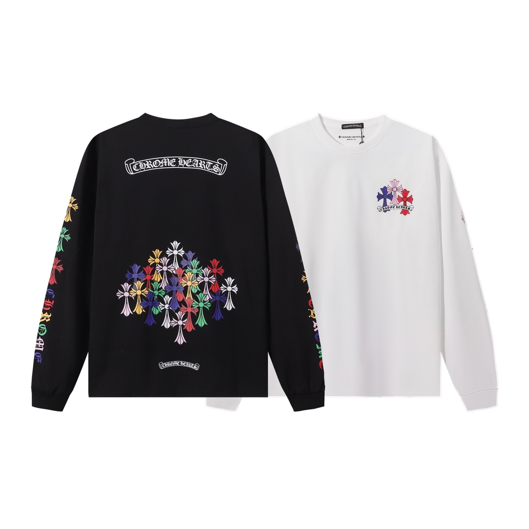 💰80款号427 
✝️【Chrome Hearts】克罗心黑白拼接插肩袖梵文字母印花长袖T
清爽舒适，颜色都做了固色处理
-高弹浆料，同步所有原版印花，胸口及背后为CH经典马蹄图案，袖子附以克罗心梵文，领口螺纹处印有克罗心logo经典哥特字体
-还原原版印花领标，穿着更舒适，不扎身，定制吊牌辅料

COLOR：白色 黑色
SIZE：S M L Xl